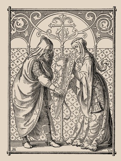 A nibelungok. Hagen pajzskérelme, 1840-1841. alkotó: Alfred Rethel