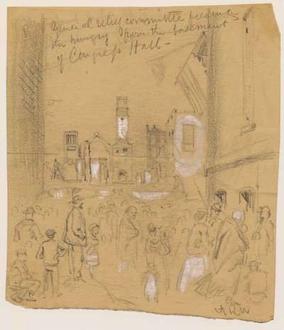 Az 1871-es chicagói tűzvész idején az éhezőket tápláló általános segélybizottság a kongresszusi terem alagsorából (ceruza és kréta papíron) alkotó: Alfred Rudolph Waud