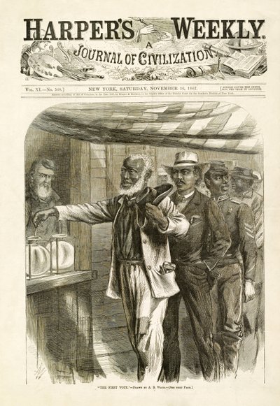 Az első szavazás, kocsma. Harpers Weekly, 1867 alkotó: Alfred Rudolph Waud