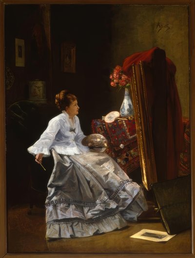 A.Stevensnek tulajdonítva, Hölgy a festőállványánál / festmény alkotó: Alfred Emile Stevens