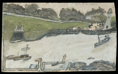 Kikötői jelenet várral és világítótoronnyal (ceruza és olaj a kártyán) alkotó: Alfred Wallis