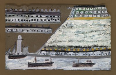 Hajók és világítótorony, házak (ceruza és olaj, papír) alkotó: Alfred Wallis