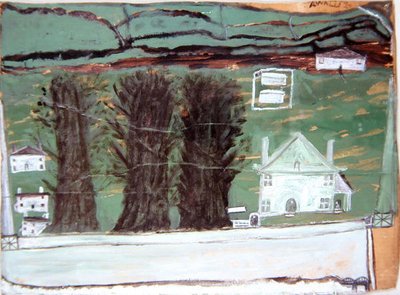 Három fa, Fehér Ház egy tájban (olaj, karton) alkotó: Alfred Wallis