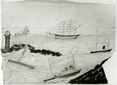 Három vitorlás, két gőzhajó és Godrevy világítótorony, 1935-38 körül (olaj és ceruza a kártyán) alkotó: Alfred Wallis