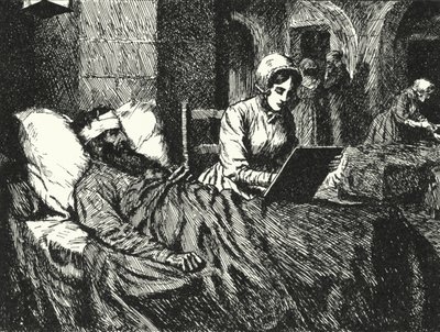 Florence Nightingale angol nővér levelet ír a krími háborúban megsebesült katonának a scutari kórházban, 1855 alkotó: Alfred Wallis Mills