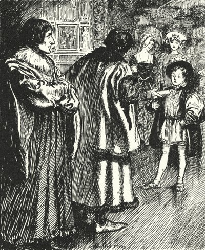 Erasmus nézi, ahogy Sir Thomas More versét mutatja be az ifjú Henrik hercegnek, VIII. Henrik leendő királynak. alkotó: Alfred Wallis Mills