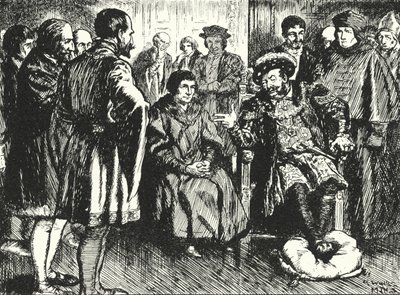Sir Thomas More VIII. Henrik udvarában, ellenállva annak, hogy a királyok megpróbálják rávenni, hogy mondjon valamit, amivel szórakoztatja. alkotó: Alfred Wallis Mills