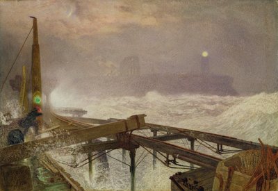 Kék fények, Teignmouth móló – Lámpák gyújtása naplementekor, 1868 (wc, karosszéria színe és kikarcolása papíron) alkotó: Alfred William Hunt