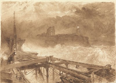 Tanulmány a Tynemouth Pier számára – Lámpagyújtás napnyugtakor alkotó: Alfred William Hunt