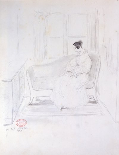 George Sand (1804-76), az ablak melletti kanapén olvas, 1833 alkotó: Alfred de Musset