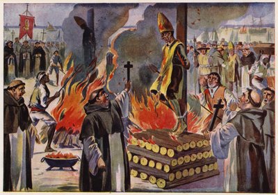 A portugál inkvizíció égetéssel történő kivégzése (színes litográfia) alkotó: Alfredo Roque Gameiro