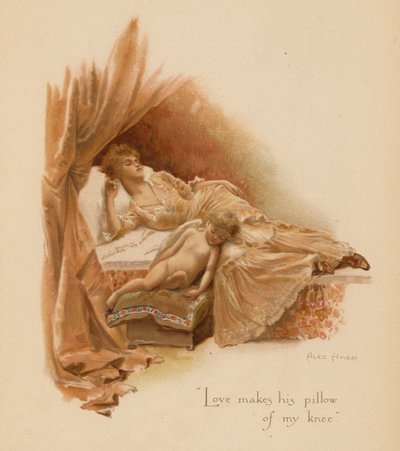 Régi szerelmes dalok: "A szerelem párnát csinál a térdemből." (színes litográfia) alkotó: Alice Havers