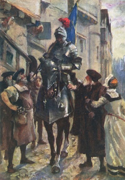 Flodden hírnöke a rossz hírt hozza Edinburghba (színes litó) alkotó: Allan (after) Stewart