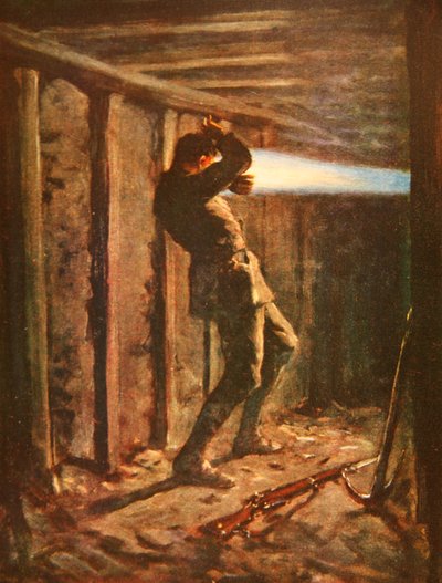 Egy bányagaléria ellenséges oldaláról kék lángnyelv lövell ki, és súlyosan égette a Bytheway közlegényt (színes litó) alkotó: Allan Stewart