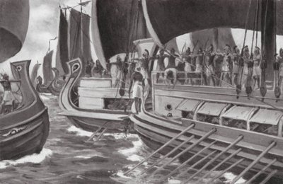 A történelem első tengeri csatája (litográfia) alkotó: Allan Stewart