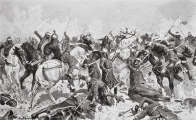 A Rajputok utolsó harca a mohamedánok ellen Kr. u. 1192-ben (litográfia) alkotó: Allan Stewart