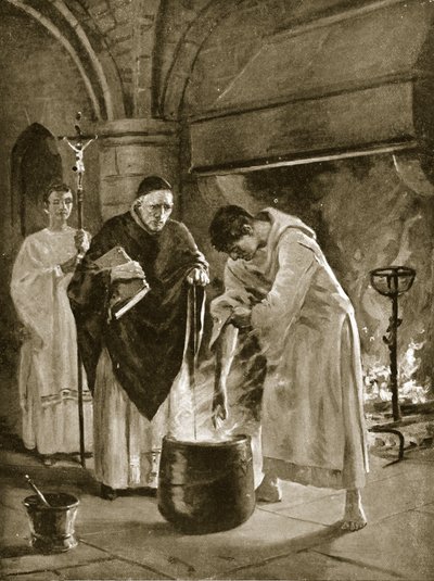 A forrásban lévő víz megpróbáltatása, illusztráció a „Hutchinson története a brit nemzetről”, 1920 körül (litho) alkotó: Allan Stewart