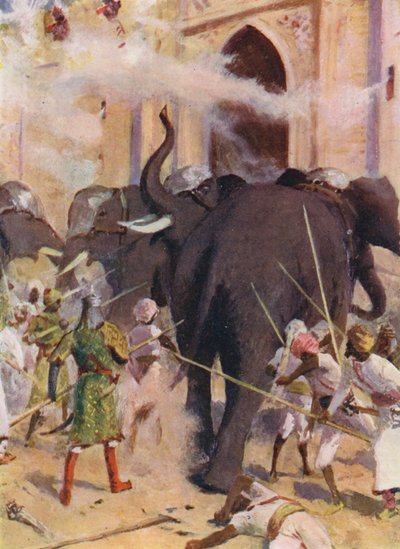 Háborús elefántok rohamozzák az Arcot-i erőd kapuját (színes litográfia) alkotó: Allan Stewart