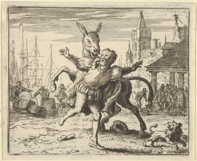A szamár, féltékeny a kutya gazdájától kapott figyelmére, utánozni akar..., 1650-75. alkotó: Allart van Everdingen