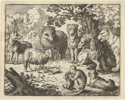 A majom kinyitja a csomagot és eltávolítja a nyúl fejét a... nagy meglepetésére, 1650-75. alkotó: Allart van Everdingen