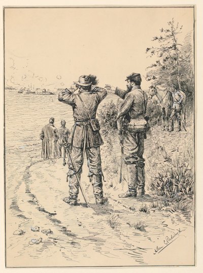 Tisztek és tábornok tengeri csatát néz (a Monitor és a Merrimac csata) alkotó: Allen Carter Redwood