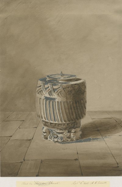 Font in Longdon Church: szépia mosás rajz, 1842. szept. 8 alkotó: Allen Edward Everitt