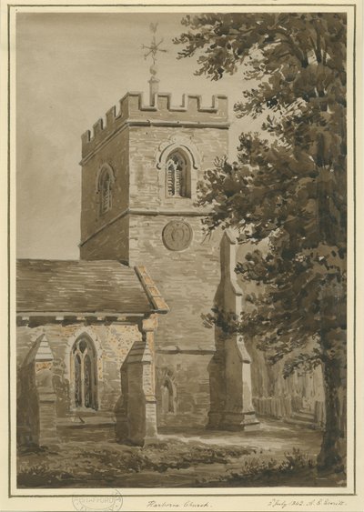 Harborne templom: vörös szépia rajz, 1842. július 2 alkotó: Allen Edward Everitt