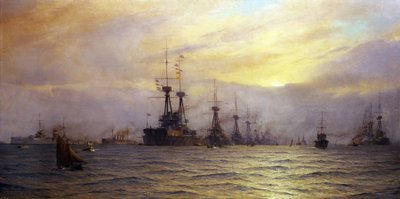 A flotta megérkezése V. György brit király (1865-1936) koronázási ünnepségére, 1911-ben. alkotó: Alma Claude Burlton Cull