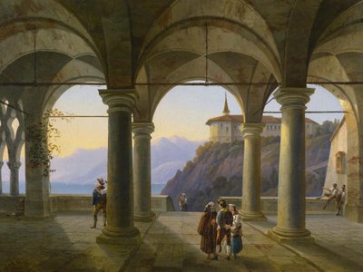 Pillérterasz emberekkel és kilátással egy hegyi tóra alkotó: Alois Gustav Schulz