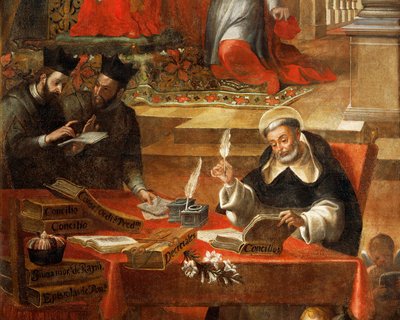 Két jezsuita beszélget, miközben Szent Raymond a zsinatot írja, részlet Penaforti Szent Raymondtól, IX. Gergely pápa tanácsadójától, Alonso Antonio Villamor (1661-1729). Szent Esteban kolostorból, Salamancából, Spanyolországból. alkotó: Alonso Antonio Villamor