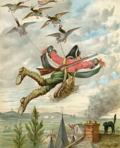 Kacsák emelik ki a földből, Rudolf Erich Raspe (1736-94) "Münchhausen báró kalandjai" című művéből, megjelent 1886 körül (színes litográfia). alkotó: Alphonse Adolphe Bichard