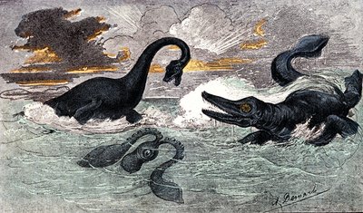 Lias-korszak (alsó jura): plesioszaurusz és ichtioszaurusz, természeti alkotás és élőlények (Jules Renegade) A. Demarle rajza. 1885 alkotó: Alphonse Demarle