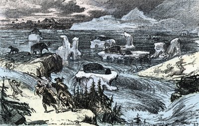 Őstörténet; árvíz Közép-Európában a jégkorszak végén Rengade 1881. évi „Természet és ember” metszete Magángyűjtemény alkotó: Alphonse Demarle