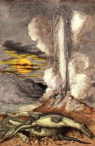 A termálvizek mérges kitörései a triász időszakban. Teremtés és élőlények (Jules Renegade). A. Demarle rajza. 1885 alkotó: Alphonse Demarle