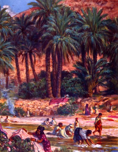 Arab nomád nők csoportja, akik ruhát mosnak egy oázisban a sivatagban. szerző: Nasreddine Dinet (Alphonse-Étienne Dinet). 1861 1929. francia orientalista festő 1918 alkotó: Alphonse Etienne Dinet