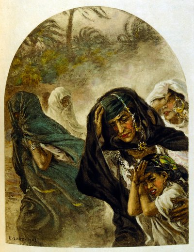 Dinet illusztrációja a "Káprázatok" arab életképekből. 1906. A Mirages, Scenes De La Vie Arab című kötetet Etienne Dinet illusztrálta Silman Ben Ibrahim Bamer kommentárjával. Nasreddine Dinet Alphonse-Etienne Dinet néven született; (1861-1929) francia szár alkotó: Alphonse Etienne Dinet