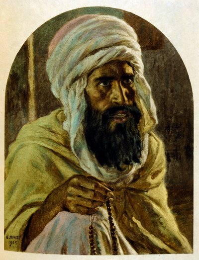 Dinet illusztrációja a "Káprázatok" arab életképekből. 1906. A Mirages, Scenes De La Vie Arab című kötetet Etienne Dinet illusztrálta Silman Ben Ibrahim Bamer kommentárjával. Nasreddine Dinet Alphonse-Etienne Dinet néven született; (1861-1929) francia szár alkotó: Alphonse Etienne Dinet
