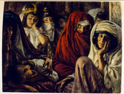Dinet illusztrációja a "Káprázatok" arab életképekből. 1906. A Mirages, Scenes De La Vie Arab című kötetet Etienne Dinet illusztrálta Silman Ben Ibrahim Bamer kommentárjával. Nasreddine Dinet Alphonse-Etienne Dinet néven született; (1861-1929) francia szár alkotó: Alphonse Etienne Dinet