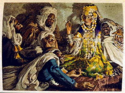 Dinet illusztrációja a "Káprázatok" arab életképekből. 1906. A Mirages, Scenes De La Vie Arab című kötetet Etienne Dinet illusztrálta Silman Ben Ibrahim Bamer kommentárjával. Nasreddine Dinet Alphonse-Etienne Dinet néven született; (1861-1929) francia szár alkotó: Alphonse Etienne Dinet
