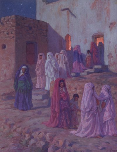 Muszlimok elhagyják a falu mecsetet Mouled estéjén, illusztráció Mohamed próféta életének történetéből, 1918-ban Párizsban alkotó: Alphonse Etienne Dinet