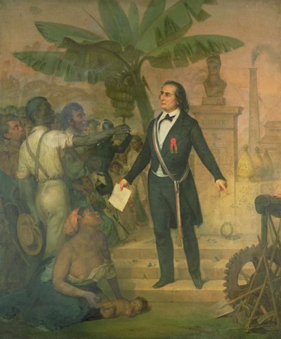 Joseph Napoleon Sebastien Sarda Garriga (1808-77) a La Reunionról szóló emancipációs rendelettel alkotó: Alphonse Garreau