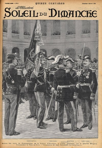 Brugere tábornok bemutatja a Becsületlégió parancsnoki keresztjét négy tábornoknak (Gosse Dubois, Colonna tábornok, Toulza tábornok, Dalstein tábornok). Lalauze metszete a „Le Soleil-du-Dimanche”-hoz 1900 februárjában. alkotó: Alphonse Lalauze