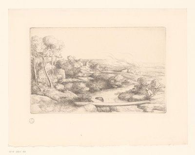 Táj deszkával egy folyó felett la passerelle alkotó: Alphonse Legros (attributed to)