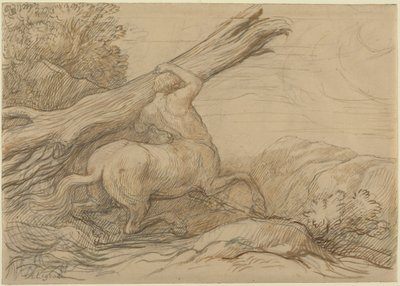 Kentaur egy fatörzset cipel (barna és zöld tinta grafitra) alkotó: Alphonse Legros