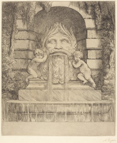 Szökőkút: groteszk maszk, gyermekek és medence alkotó: Alphonse Legros