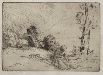 Parasztasszony ül egy sövény közelében alkotó: Alphonse Legros