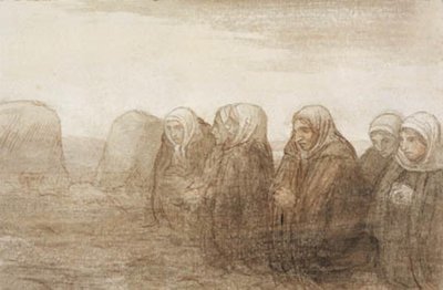 Hat parasztfeleség imádkozik egy őszi mezőn alkotó: Alphonse Legros