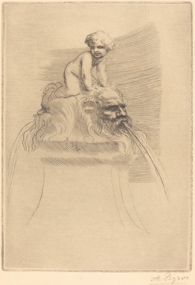 Kis szökőkút, gyerek játszik a groteszkeken Kis szökőkút, gyerek játszik a maszkokon. alkotó: Alphonse Legros