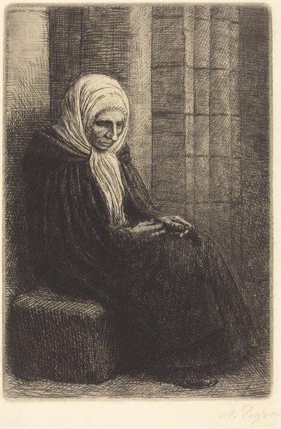 A falnak támaszkodva ülő nő, akinek ölében a fejét pihentető gyermek (Femme assis, muraille au fond, enfant la tête dans son giron) alkotó: Alphonse Legros