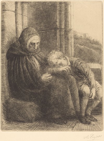 Nő ül a falnak, a gyermek fejével az ölében alkotó: Alphonse Legros